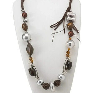 Handcrafted Edgy Silver Brown Mixed Media Asymmetric Necklace